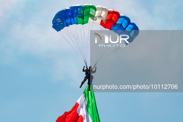 Folgore paratroopers over the skies of Rome in Italy on June 2, 2023 for the 77th Italian Republic Day        