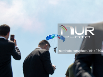 Folgore paratroopers over the skies of Rome in Italy on June 2, 2023 for the 77th Italian Republic Day        (