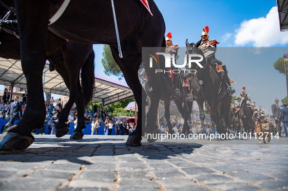 
The Carabinieri fanfare parades with its mascot Briciola in Rome on June 2, 2023 on the occasion of the parade for the 77th Italian Republi...