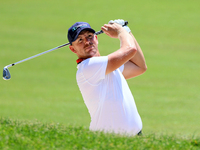 Matt Wallace of England hits from the bunker on the 15th fairway during the first round of the The Memorial Tournament presented by Workday...