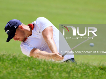 Matt Wallace of England hits from the bunker on the 15th fairway during the first round of the The Memorial Tournament presented by Workday...