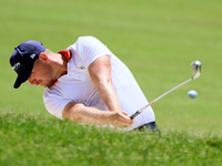 Matt Wallace of England hits from the bunker on the 15th fairway during the first round of the The Memorial Tournament presented by Workday...