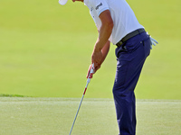 Luke Donald of England putts on the 18th green during the first round of the The Memorial Tournament presented by Workday at Muirfield Villa...