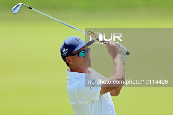 Rickie Fowler of Murrieta California hits from the 5th fairway during The Memorial Tournament presented by Workday at Muirfield Village Golf...