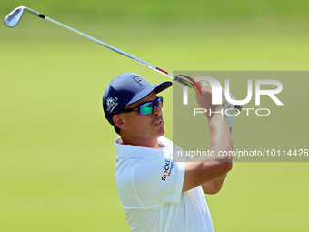 Rickie Fowler of Murrieta California hits from the 5th fairway during The Memorial Tournament presented by Workday at Muirfield Village Golf...