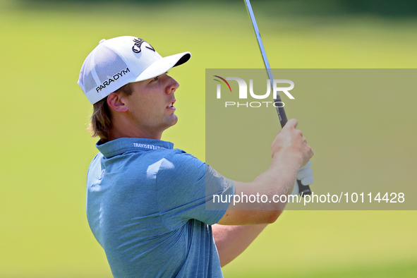 Sam Burns of Shreveport, Louisiana hits on the 5th fairway during The Memorial Tournament presented by Workday at Muirfield Village Golf Clu...