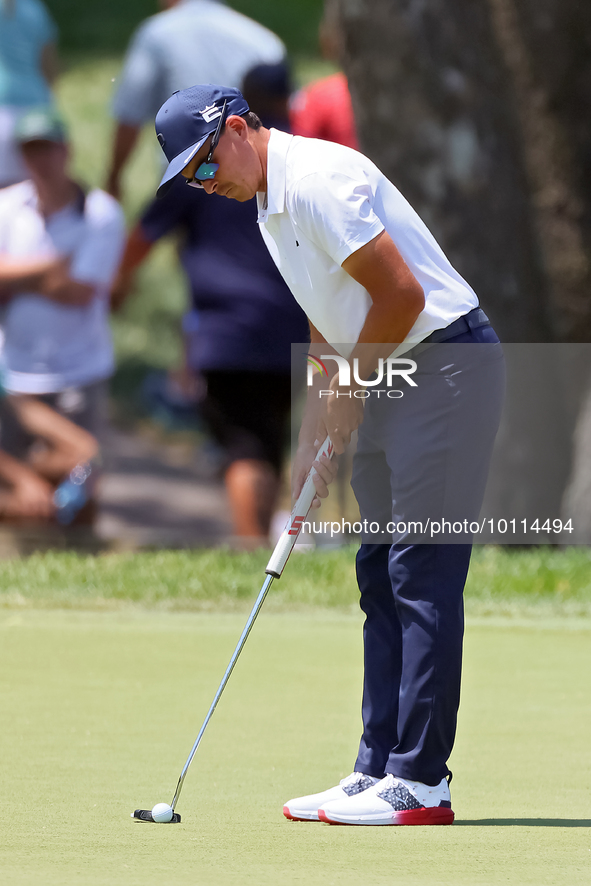 Rickie Fowler of Murrieta California putts on the 5th green during The Memorial Tournament presented by Workday at Muirfield Village Golf Cl...