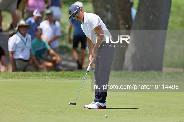 Rickie Fowler of Murrieta California putts on the 5th green during The Memorial Tournament presented by Workday at Muirfield Village Golf Cl...