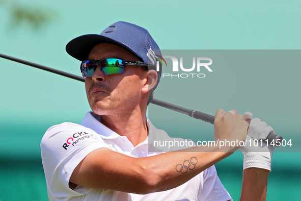 Rickie Fowler of Murrieta, California follows his shot from the 6th tee during The Memorial Tournament presented by Workday at Muirfield Vil...