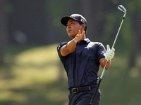 Justin Suh of San Jose, California hits from the 18th fairway during the second round during  The Memorial Tournament presented by Workday a...