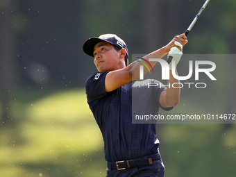 Justin Suh of San Jose, California hits from the 18th fairway during the second round during  The Memorial Tournament presented by Workday a...