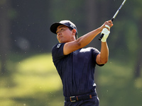 Justin Suh of San Jose, California hits from the 18th fairway during the second round during  The Memorial Tournament presented by Workday a...