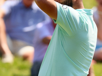 John Rahm of Barrika, Spain reacts after making his putt on the 9th green during  The Memorial Tournament presented by Workday at Muirfield...