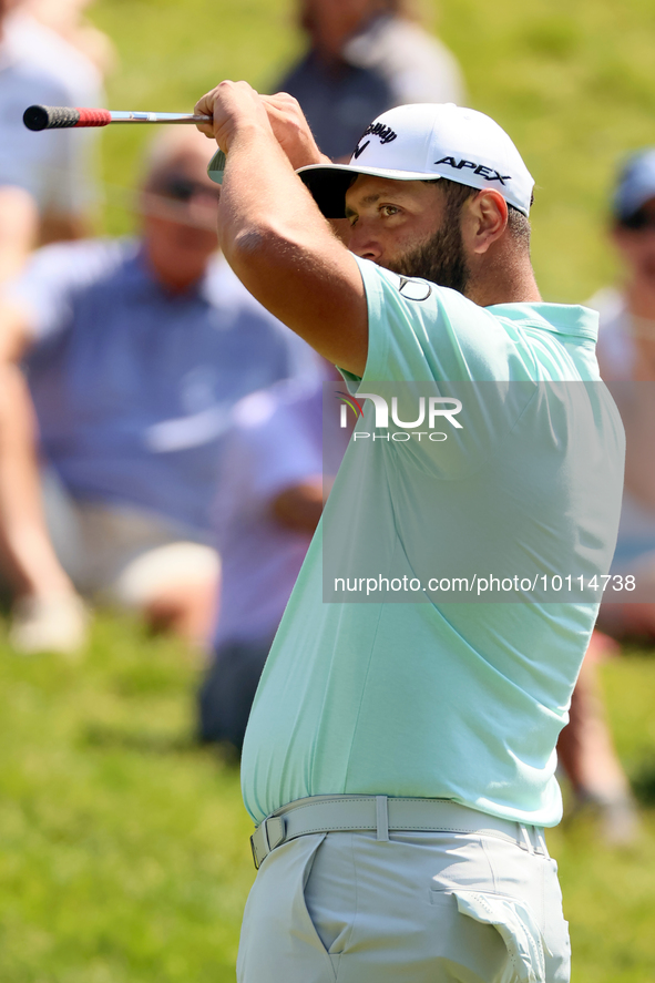 John Rahm of Barrika, Spain reacts after making his putt on the 9th green during  The Memorial Tournament presented by Workday at Muirfield...