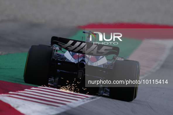 Kevin Magnussen of Denmark driving the (20) Haas F1 VF-23 Ferrari during practice ahead of the F1 Grand Prix of Spain at Circuit de Barcelon...