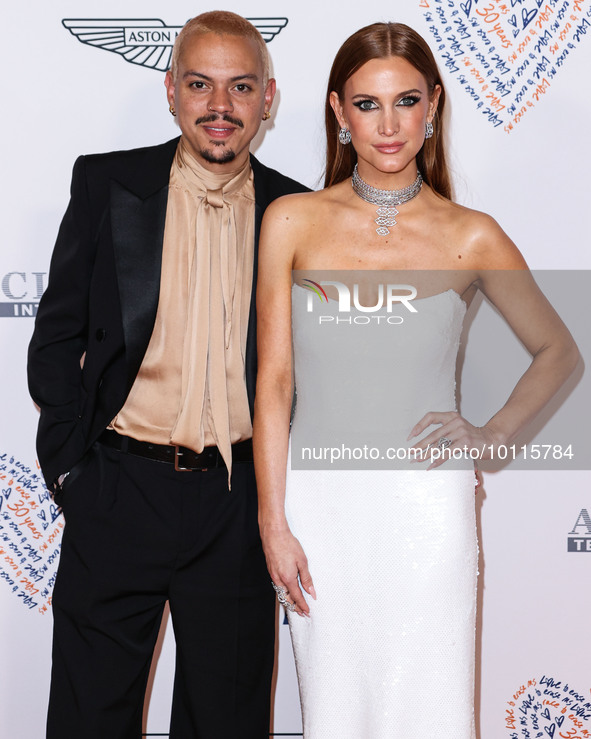 Evan Ross and wife Ashlee Simpson Ross arrive at the 30th Annual Race To Erase MS Gala held at the Fairmont Century Plaza on June 2, 2023 in...