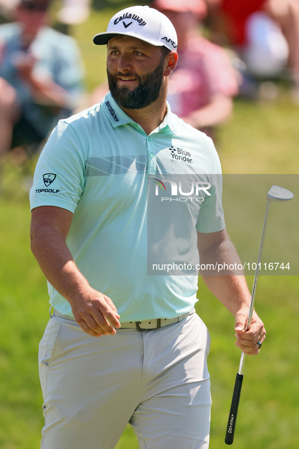 John Rahm of Barrika, Spain walks on the 9th green after making his putt during  The Memorial Tournament presented by Workday at Muirfield V...