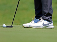 Closeup of the shoes worn by Jason Day of Brisbane, Australia as he putts on the 8th green during  The Memorial Tournament presented by Work...