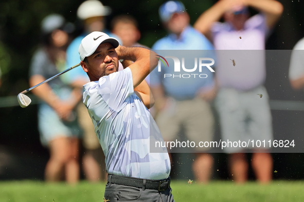 Jason Day of Brisbane, Australia hits from the 9th fairway during  The Memorial Tournament presented by Workday at Muirfield Village Golf Cl...