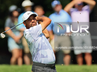 Jason Day of Brisbane, Australia hits from the 9th fairway during  The Memorial Tournament presented by Workday at Muirfield Village Golf Cl...