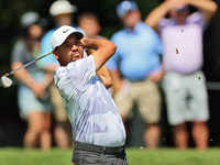 Jason Day of Brisbane, Australia hits from the 9th fairway during  The Memorial Tournament presented by Workday at Muirfield Village Golf Cl...