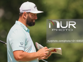 John Rahm of Barrika, Spain looks over the 8th green  during The Memorial Tournament presented by Workday at Muirfield Village Golf Club in...