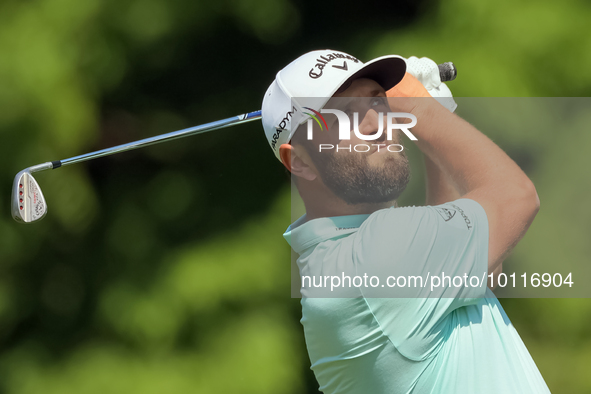 John Rahm of Barrika, Spain hits from the 9th fairway during The Memorial Tournament presented by Workday at Muirfield Village Golf Club in...