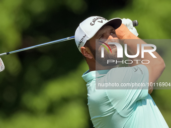 John Rahm of Barrika, Spain hits from the 9th fairway during The Memorial Tournament presented by Workday at Muirfield Village Golf Club in...