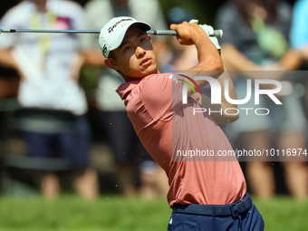 Collin Morikawa of La Canada, California hits from the 9th fairway during The Memorial Tournament presented by Workday at Muirfield Village...