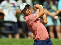 Collin Morikawa of La Canada, California hits from the 9th fairway during The Memorial Tournament presented by Workday at Muirfield Village...