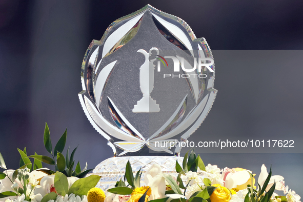 The winner’s trophy is displayed at the 10th tee during  The Memorial Tournament presented by Workday at Muirfield Village Golf Club in Dubl...