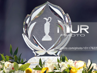 The winner’s trophy is displayed at the 10th tee during  The Memorial Tournament presented by Workday at Muirfield Village Golf Club in Dubl...