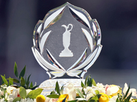 The winner’s trophy is displayed at the 10th tee during  The Memorial Tournament presented by Workday at Muirfield Village Golf Club in Dubl...