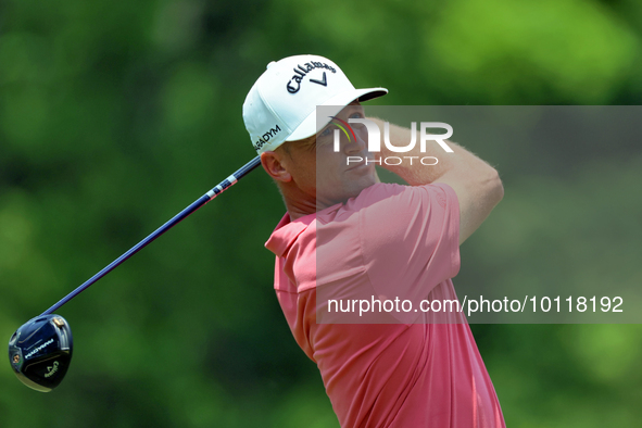 Alex Noren of Stockholm, Sweden hits from the 18th tee during The Memorial Tournament presented by Workday at Muirfield Village Golf Club in...