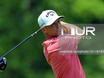 Alex Noren of Stockholm, Sweden hits from the 18th tee during The Memorial Tournament presented by Workday at Muirfield Village Golf Club in...