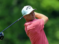 Alex Noren of Stockholm, Sweden hits from the 18th tee during The Memorial Tournament presented by Workday at Muirfield Village Golf Club in...