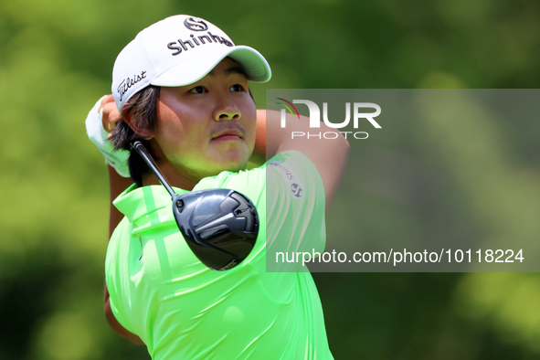 S.H. Kim of South Korea hits from the 18th tee during The Memorial Tournament presented by Workday at Muirfield Village Golf Club in Dublin,...