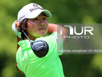 S.H. Kim of South Korea hits from the 18th tee during The Memorial Tournament presented by Workday at Muirfield Village Golf Club in Dublin,...