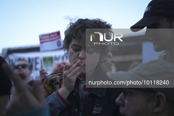 People are seen taking part in Cannabis Liberation March in Warsaw, Poland on 03 June, 2023. Organisers of the march are protesting what the...