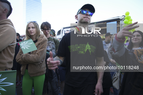 People are seen taking part in Cannabis Liberation March in Warsaw, Poland on 03 June, 2023. Organisers of the march are protesting what the...