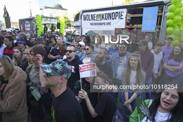 People are seen taking part in Cannabis Liberation March in Warsaw, Poland on 03 June, 2023. Organisers of the march are protesting what the...