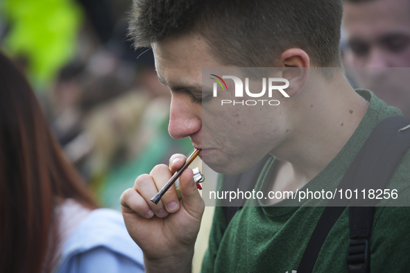 People are seen taking part in Cannabis Liberation March in Warsaw, Poland on 03 June, 2023. Organisers of the march are protesting what the...