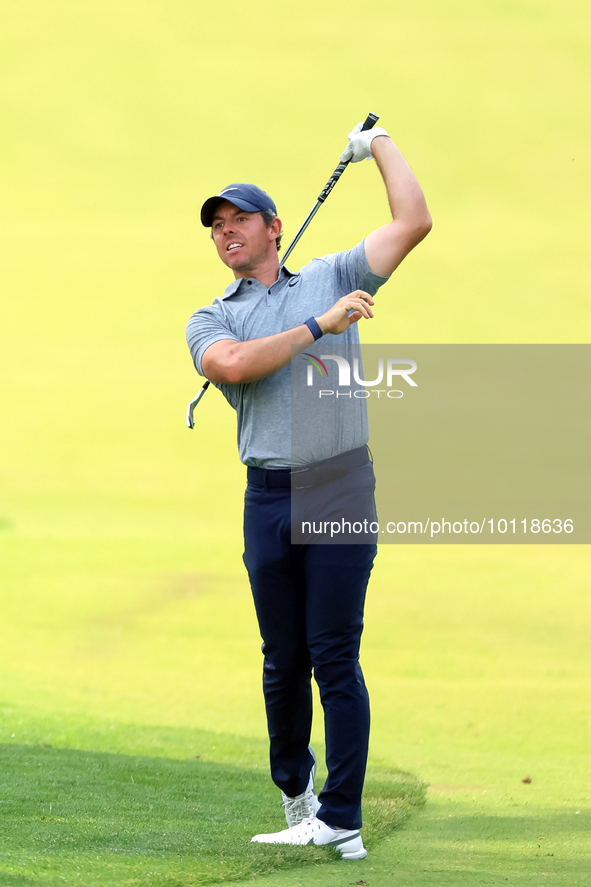 Rory McIlroy of Holywood, Northern Ireland hits from the 18th fairway during The Memorial Tournament presented by Workday at Muirfield Villa...