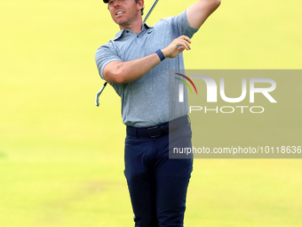 Rory McIlroy of Holywood, Northern Ireland hits from the 18th fairway during The Memorial Tournament presented by Workday at Muirfield Villa...