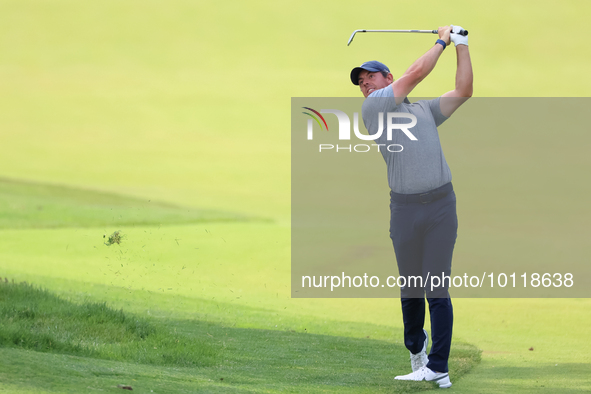 Rory McIlroy of Holywood, Northern Ireland hits from the 18th fairway during The Memorial Tournament presented by Workday at Muirfield Villa...