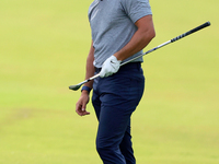 Rory McIlroy of Holywood, Northern Ireland reacts after hitting from the 18th fairway during The Memorial Tournament presented by Workday at...