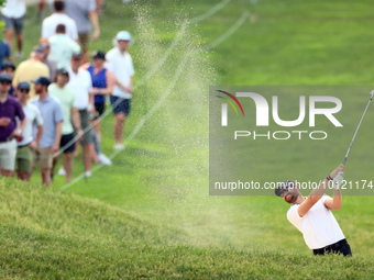 Patrick Rodgers of Jupiter, Florida hits from the 18th fairway during The Memorial Tournament presented by Workday at Muirfield Village Golf...