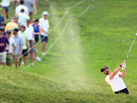 Patrick Rodgers of Jupiter, Florida hits from the 18th fairway during The Memorial Tournament presented by Workday at Muirfield Village Golf...