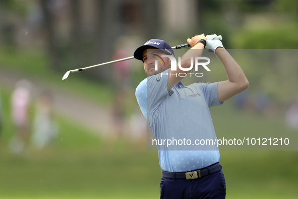 Lee Hodges of Athens, Alabama hits from the 18th fairway during The Memorial Tournament presented by Workday at Muirfield Village Golf Club...