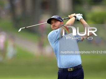 Lee Hodges of Athens, Alabama hits from the 18th fairway during The Memorial Tournament presented by Workday at Muirfield Village Golf Club...